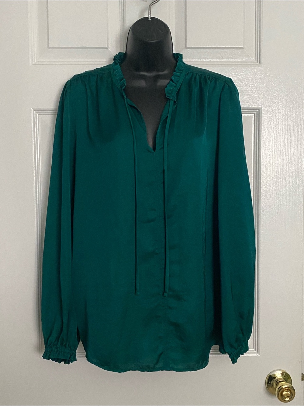 LOFT Emerald Green Ruffle Tie-Neck Long Sleeve Blouse
